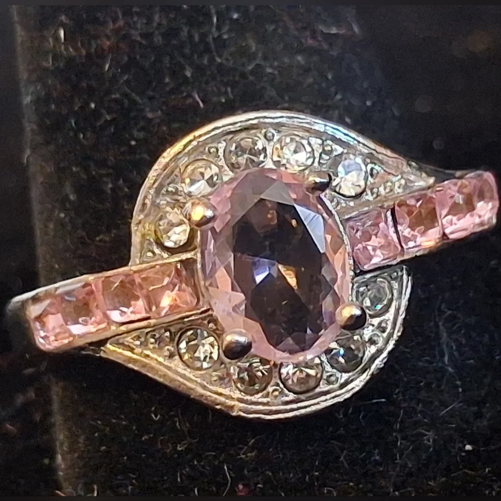 Silvertone Women's Ring With Pink And Clear Faux Diamonds Size 11 1/4